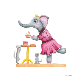 Cute watercolor girl elephant in a pink dress. Tea party.