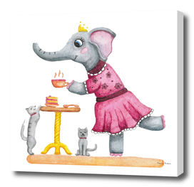 Cute watercolor girl elephant in a pink dress. Tea party.