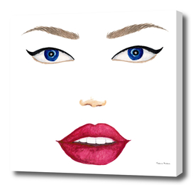 Watercolor stylized female face with red lips