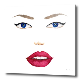 Watercolor stylized female face with red lips