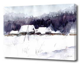 winter landscape with hills and village, watercolor
