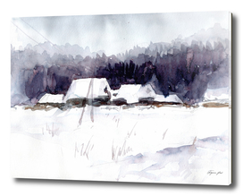 winter landscape with hills and village, watercolor