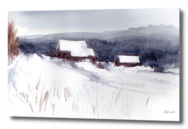 Winter landscape with village on the hill