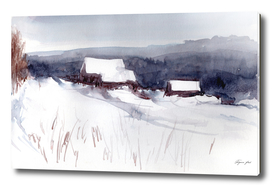Winter landscape with village on the hill