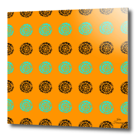 Linocut mandala pattern on saffron background