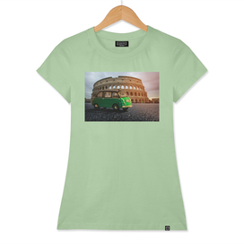 green car and Colosseum