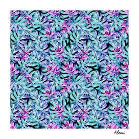 Blue Pink Tropical Leaves Pattern