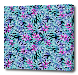 Blue Pink Tropical Leaves Pattern