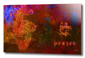 Abstract wallpaper in neon colors with fantasy symbols.