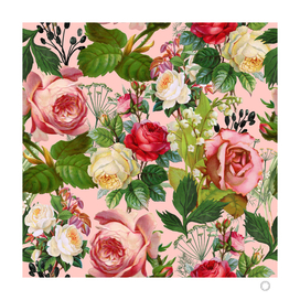 Vintage Botanical, Blush Floral Rose Illustration, Nature