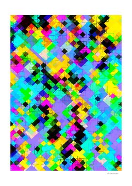 geometric square pixel pattern in blue pink green yellow