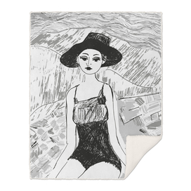 Woman on the beach black-white