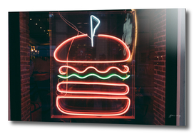 Burger neon icon. Illuminated hamburger fast food symbol