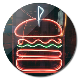 Burger neon icon. Illuminated hamburger fast food symbol