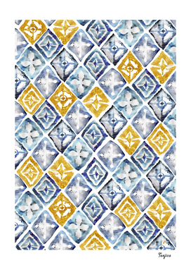Watercolor Indigo Gold Ethnic Diamond Tiles Pattern