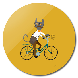 Gray hipster cat on a blue bicycle