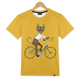 Gray hipster cat on a blue bicycle