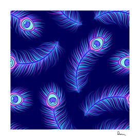 seamless pattern with colorful peacock feathers blue