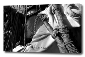 Reefed sail and hemp ropes