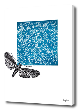 lino print, flowers with moth blue