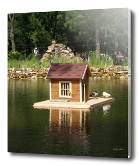 Pond  with bird house on the backdrop of an alphine  slide