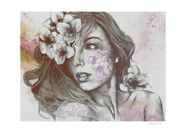 Mascara: violet | woman face drawing with white flowers