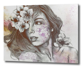 Mascara: violet | woman face drawing with white flowers