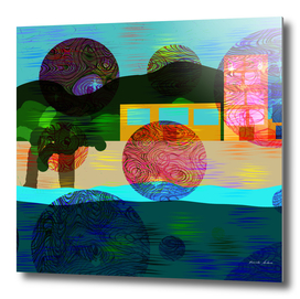abstract design with circles, trees, windows, beach
