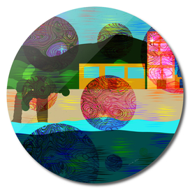 abstract design with circles, trees, windows, beach