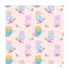 cute cat coffee cup morning times seamless pattern