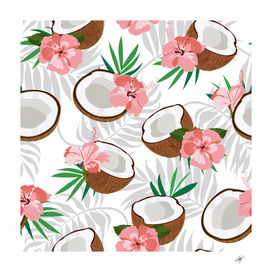 seamless pattern coconut piece palm leaves with pink