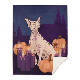 Halloween Sphynx - Candles and Pumpkins in Front of a Castle