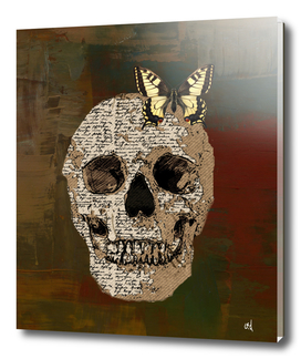 Newspaper Skull and Yellow Butterfly Against Bronze Slate