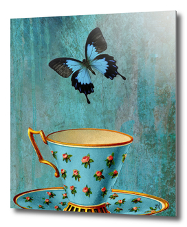 Rosebud Teacup and Blue Butterfly