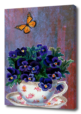 Purple Flowers, Tea Cup and a Yellow Butterfly