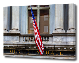 Old City Hall Sign with Flag