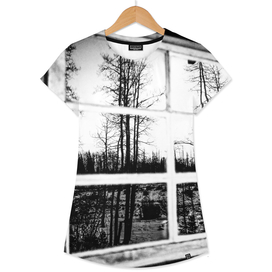 Black and White Grainy Log Cabin Window Reflection
