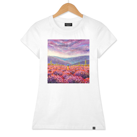Beautiful girl in lavender field landscape painting.