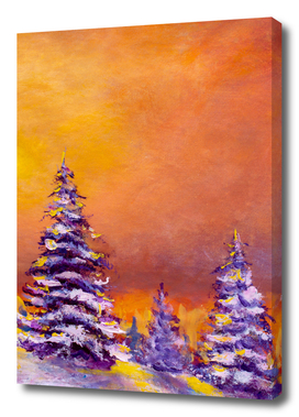 Christmas trees at dawn in the snowy forest art