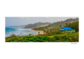 Panoramic View of Coast with Blue Roofed Home