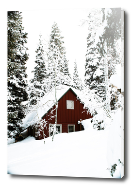 Red Log Cabin Winter Scenery
