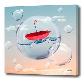 red Umbrella drifting on water in a bubble