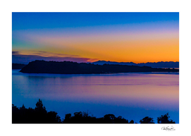 Fjords and Mountains Sunset Landscape, Chiloe Island,