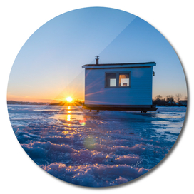 Sunset, Ice fishing hut, frozen lake