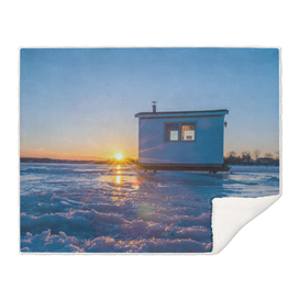 Sunset, Ice fishing hut, frozen lake