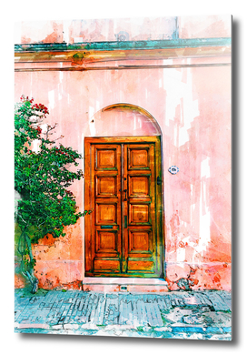 Old Wooden Door Pink Wall