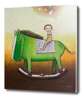 Child rides a green toy horse