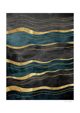 Black & Teal Ink Waves with Gold #1 #decor #art