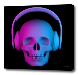 human skull in headphones