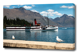 Queenstown waterfront with a steamship